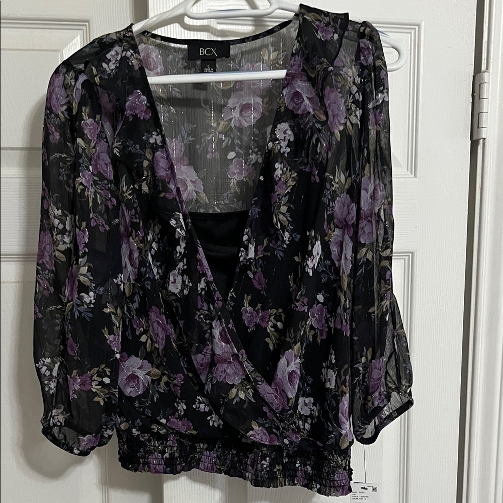 BCX Women's Sheer Floral Blouse - Black and Purple